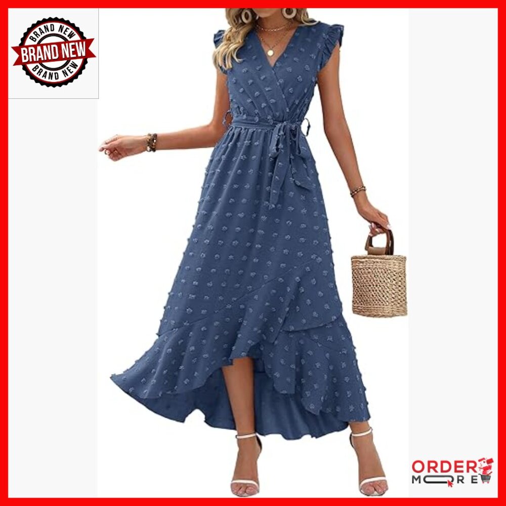 Swiss Dot Maxi Dress With V-Neck, Cap Sleeves, Tie Waist, Flowy A-Line